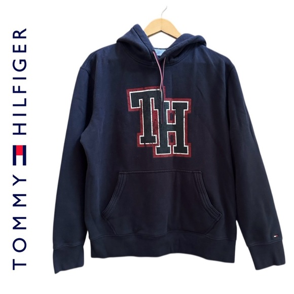 TOMMY HILFIGER TH Logo Graphic Navy Hoodie Sweatshirt Pockets Men's Unisex L - Picture 1 of 12